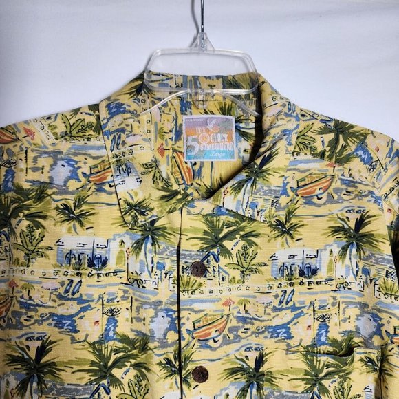 It's 5 O'Clock Somewhere Mens Silk Hawaiian Button Shirt Large Yellow Tropical - Picture 5 of 12